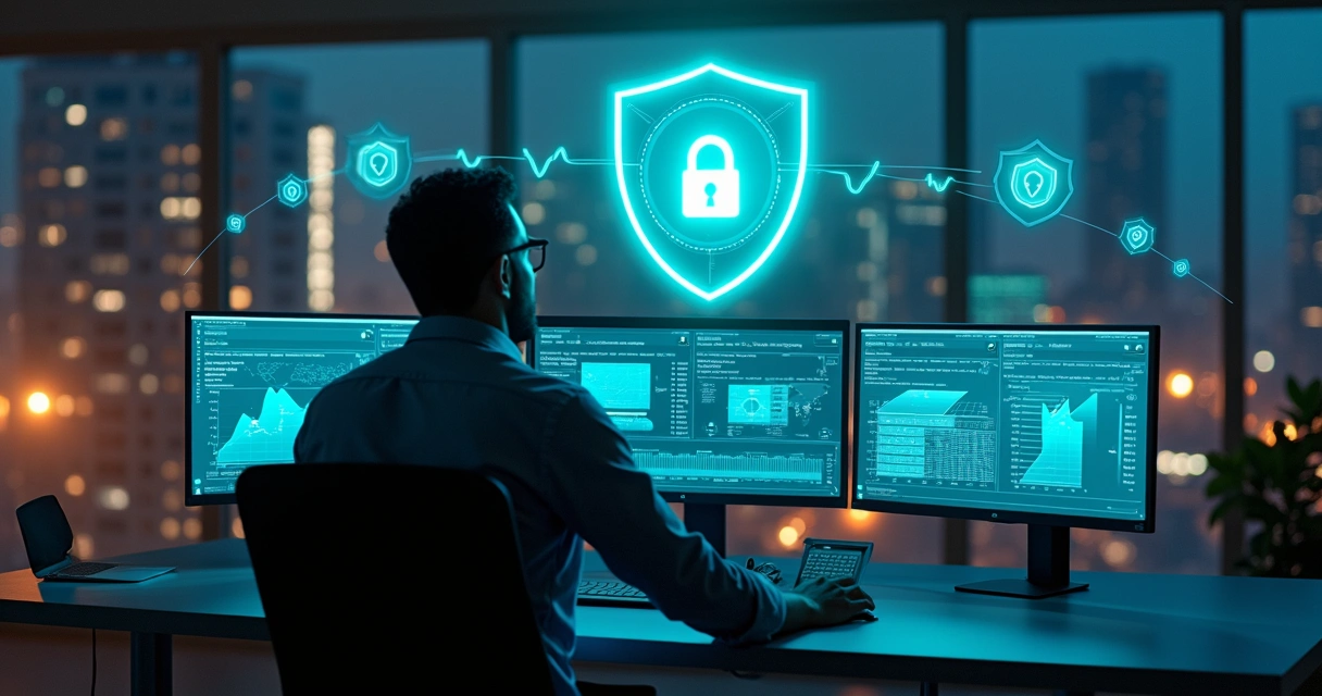 Profissional de TI observa hologramas de notebooks e celulares protegidos por escudo digital 