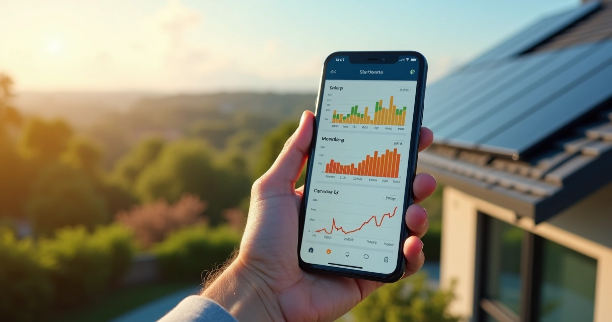 Celular exibindo aplicativo de monitoramento solar com gráficos coloridos 