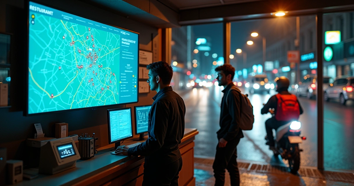 Gestor acompanhando entregas em tempo real em mapa digital enquanto motoqueiro de delivery sai para rua 