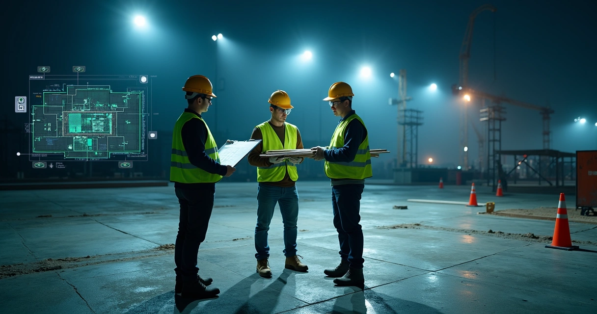 Obra noturna com trabalhadores usando EPI destacados por interface digital de monitoramento 