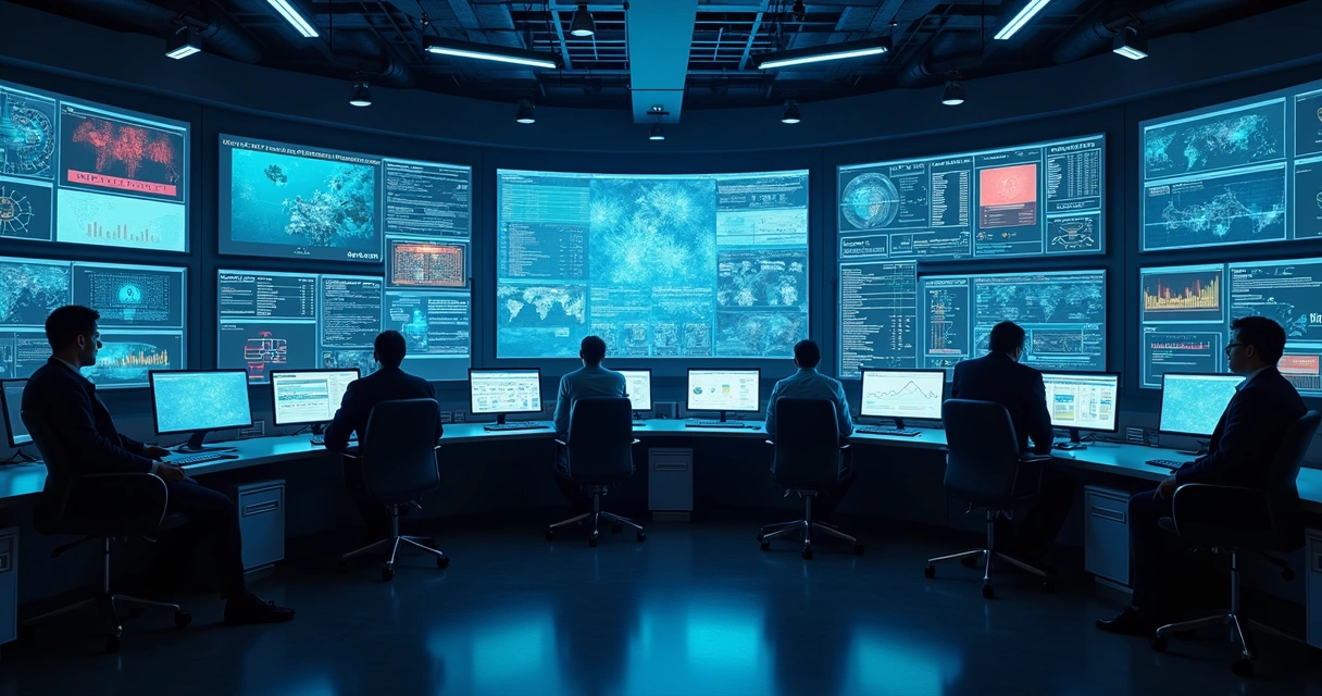 Sala de monitoramento com telas exibindo gráficos de segurança cibernética 