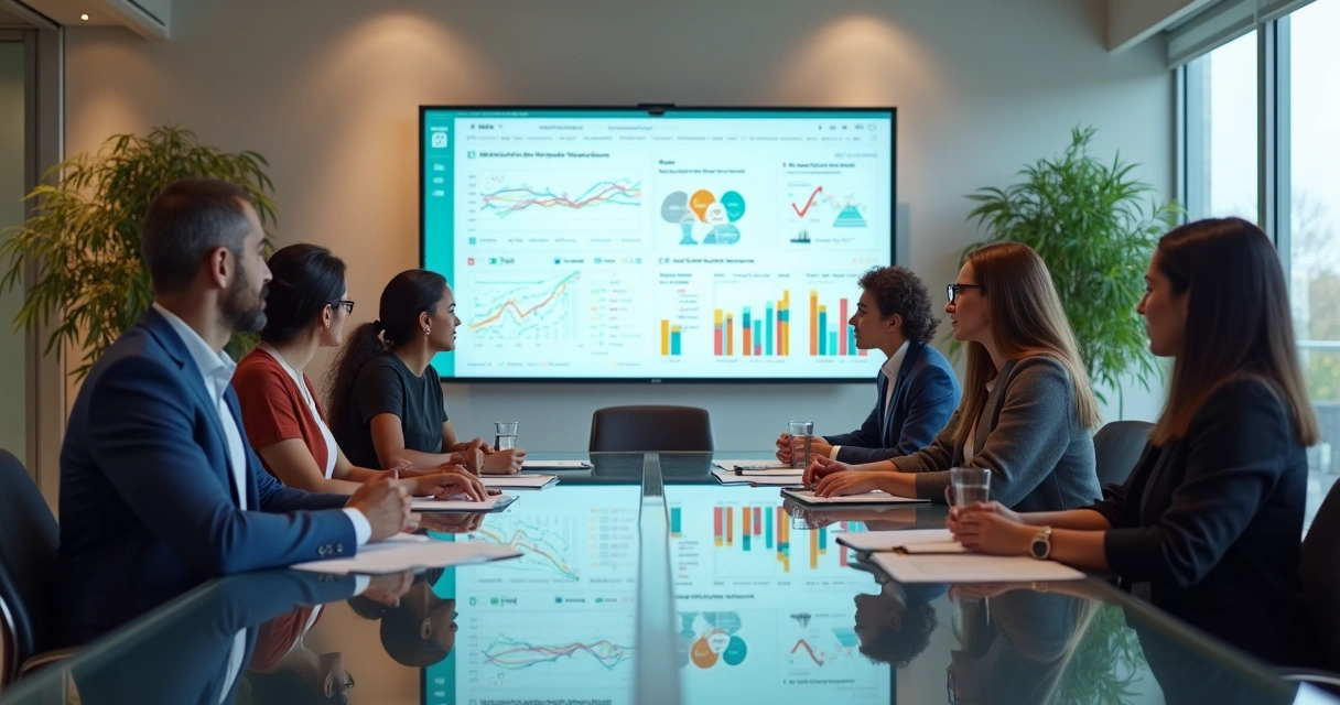 Equipe de trabalho sentada em volta de uma mesa de reunião, olhando para um grande monitor exibindo gráficos de clima organizacional. 