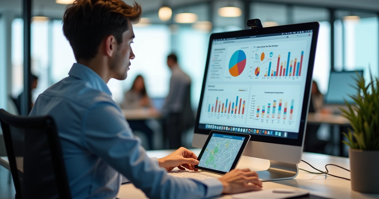 Corretor ao computador com gráficos de vendas ao lado 