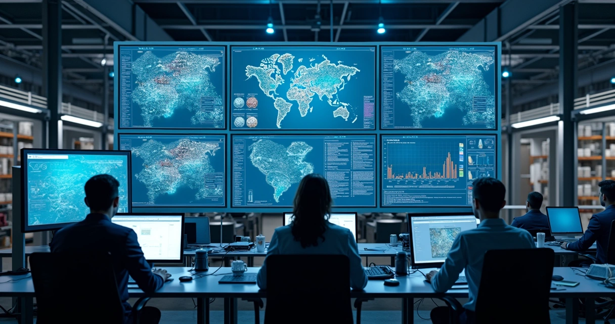 Equipe de logística sendo monitorada em centro de operações digital 