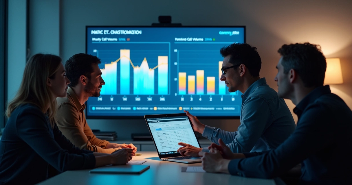 Equipe olhando gráficos de queda de chamados semanais 