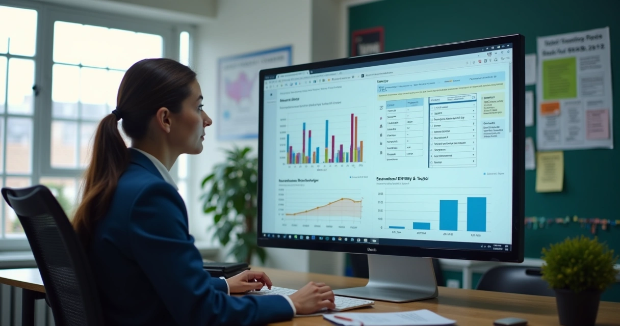Gestora escolar analisando dados em tela de computador 