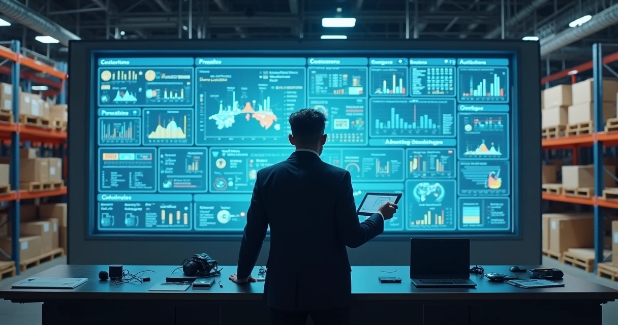 Dashboard de estoque industrial mostrando gráficos em tela grande, operador analisando dados 