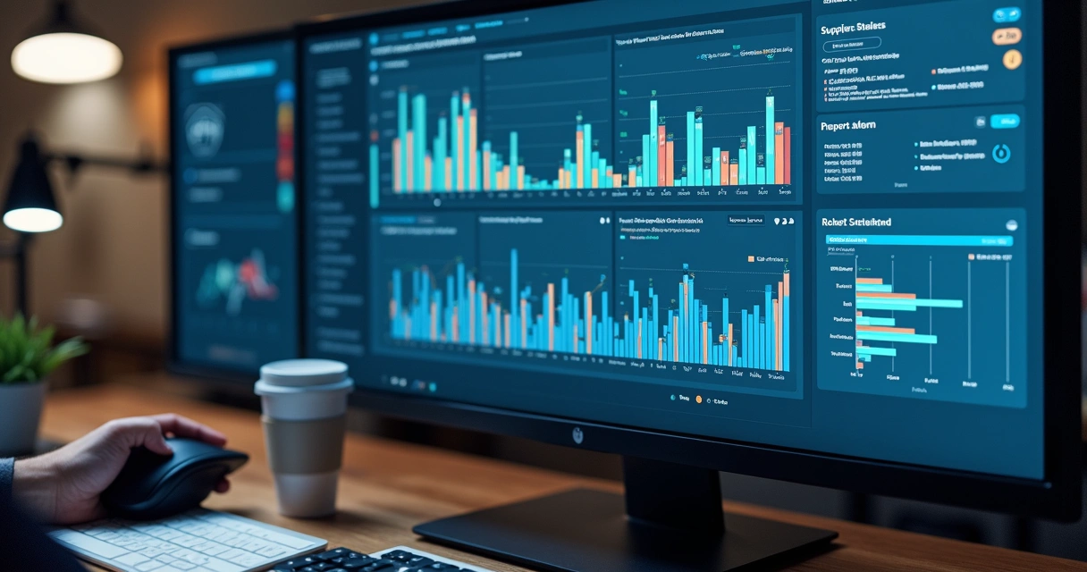 Sistema digital controlando estoque em tempo real na tela de computador 