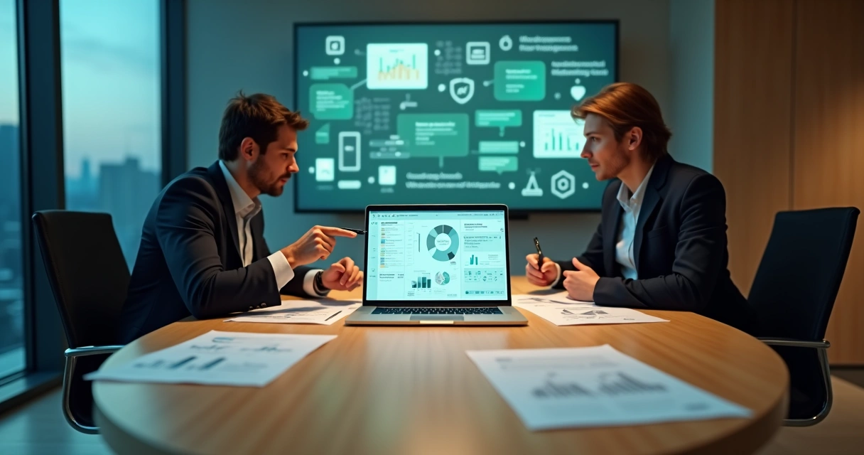Mesa de reunião com advogado e gestor analisando projeto de monitoramento de conversas no WhatsApp em painel digital 