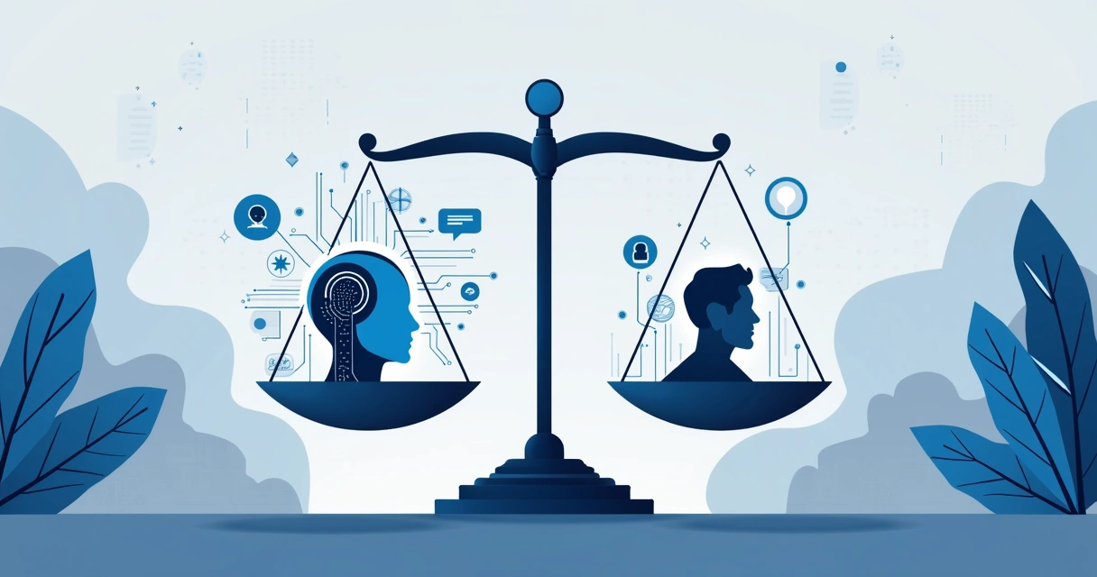 Ilustração corporativa mostrando uma balança de ética com elementos digitais e ícones de inteligência artificial ao redor 