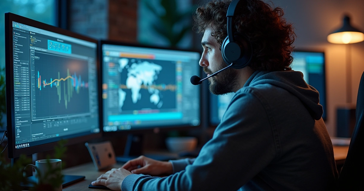 Técnico monitora sistema de evento ao vivo em painel de computadores 