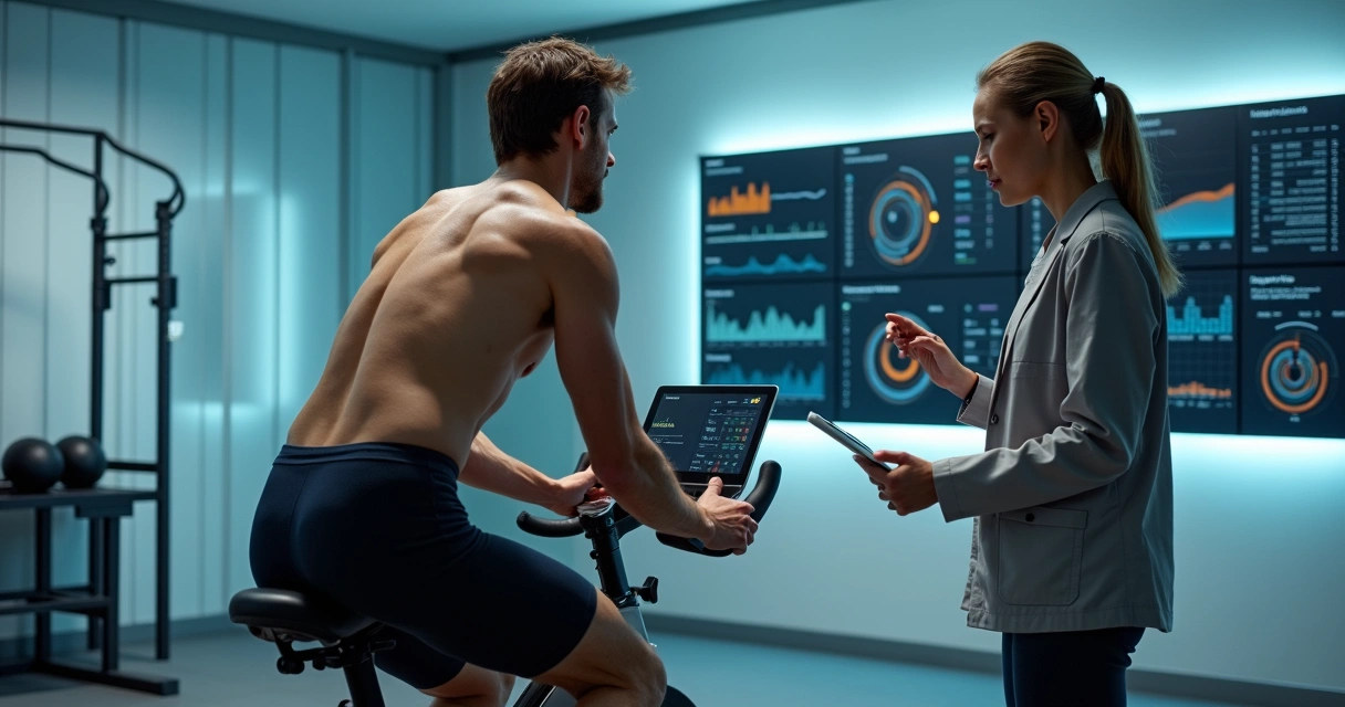 Nutricionista avalia dados de fadiga de atleta avançado em ambiente de avaliação física 