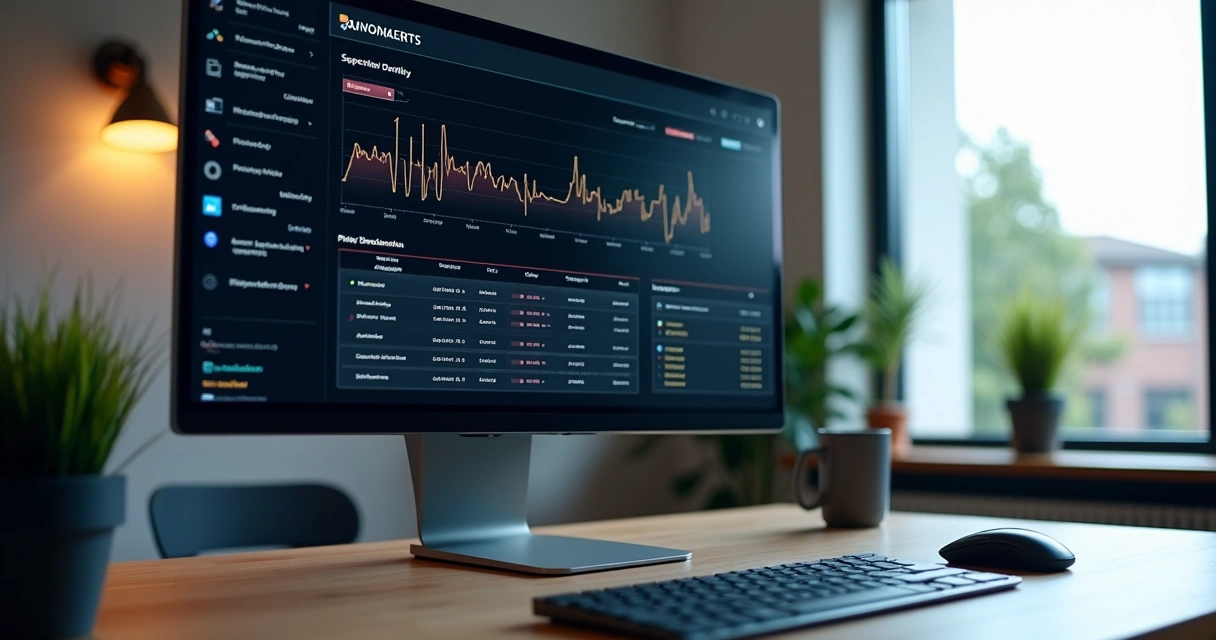 Tela de computador mostrando painel de monitoramento de automações com alertas de falhas no N8N 