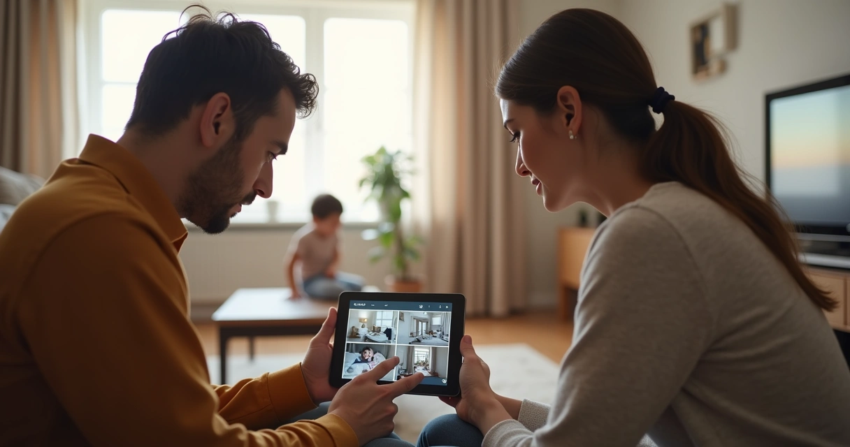 Família consultando monitoramento residencial em casa 