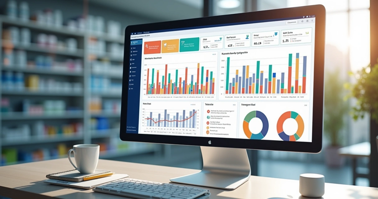 Dashboard digital mostrando gráficos de faturamento por médico com detalhes de vendas e indicadores 