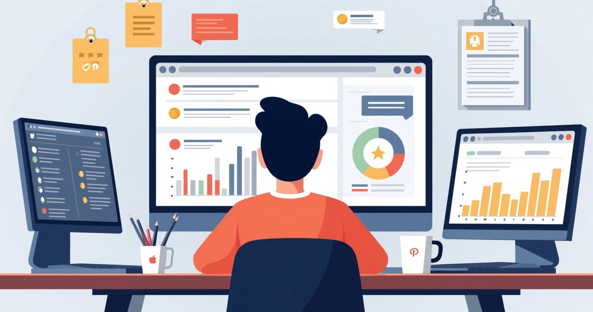 Profissional monitorando feedbacks em múltiplas telas