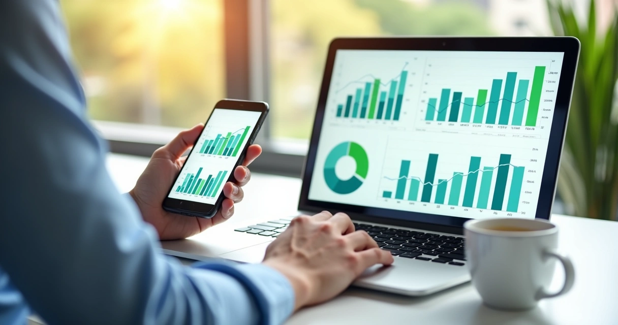 Gestor conferindo resultados financeiros no celular 