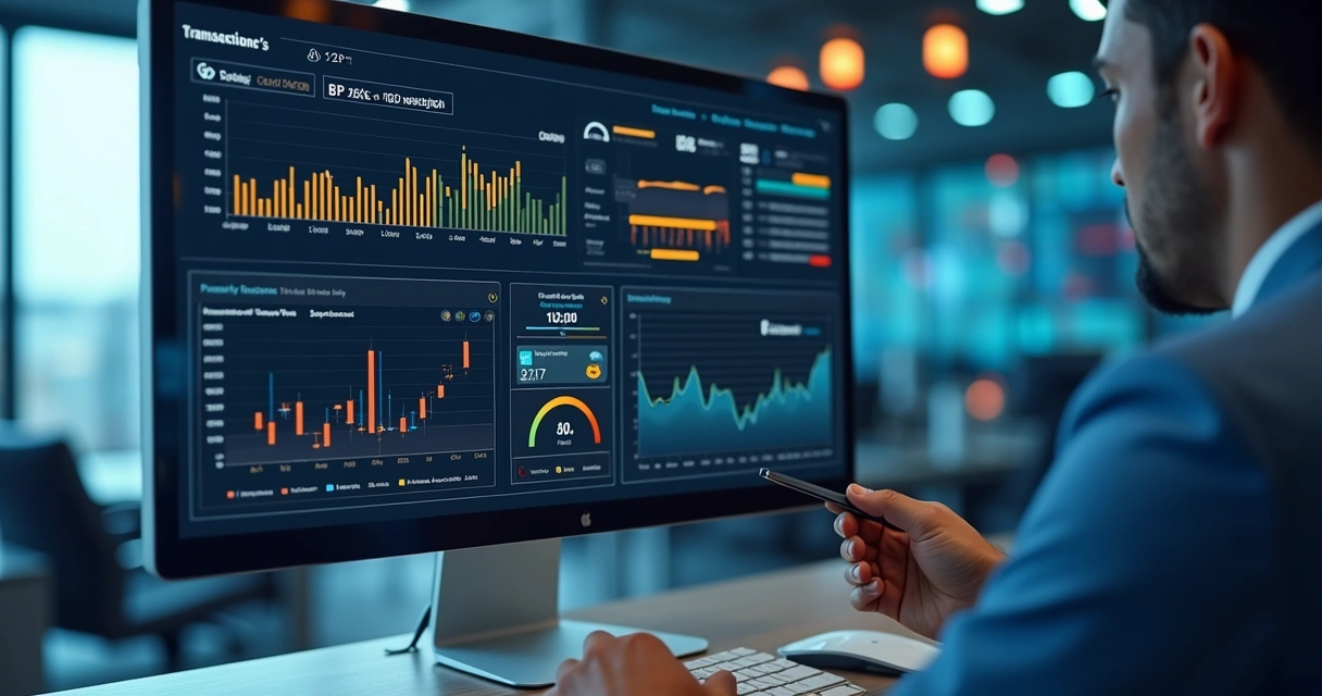Tela digital exibindo gráficos financeiros e alertas de monitoramento de transações em alta resolução