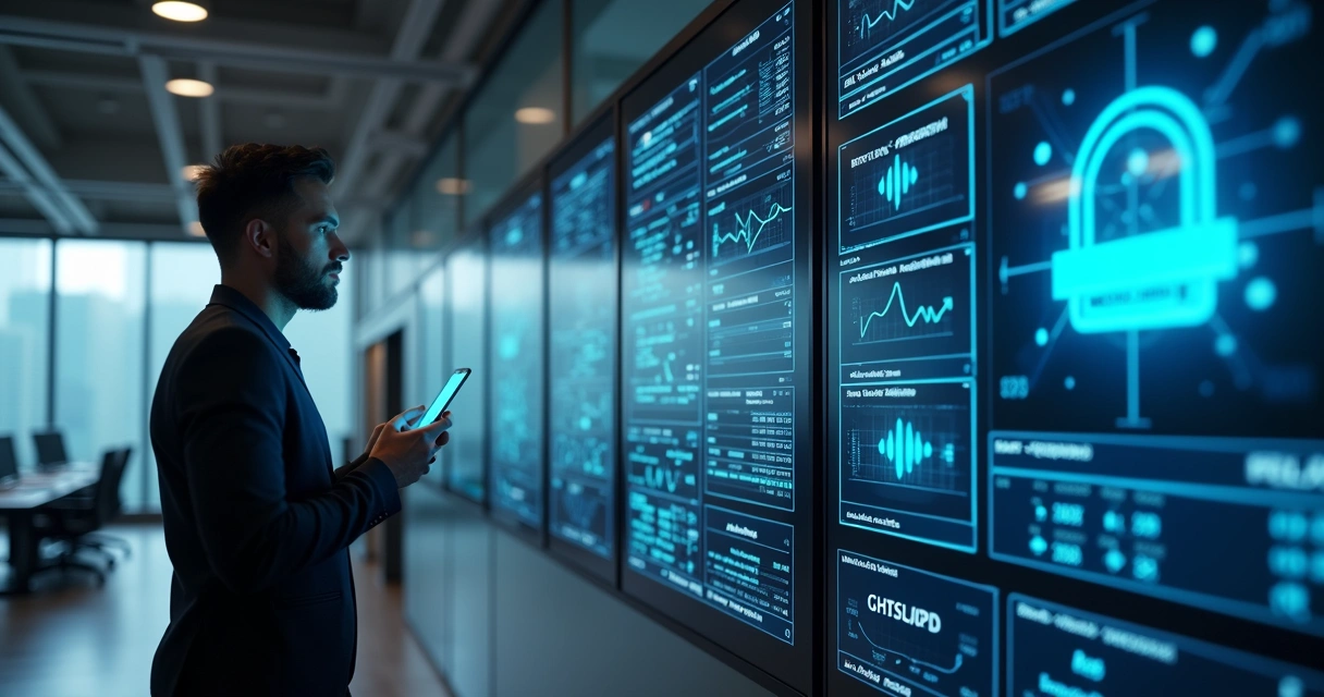 Profissional de TI analisando painéis digitais de rede em escritório moderno 