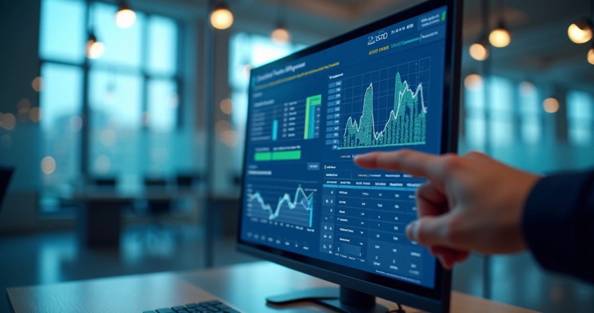 Painel digital com dados fiscais e contratos sendo monitorados automaticamente em tela de computador 