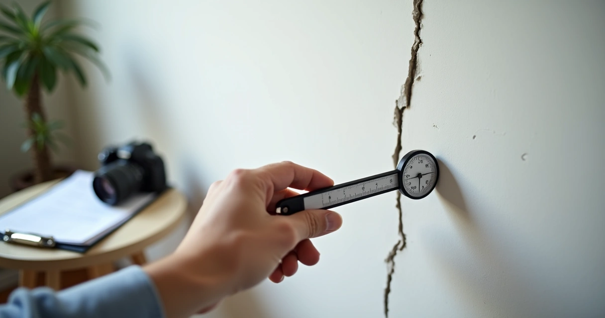 Engenheiro usando fissurômetro em parede com trinca 