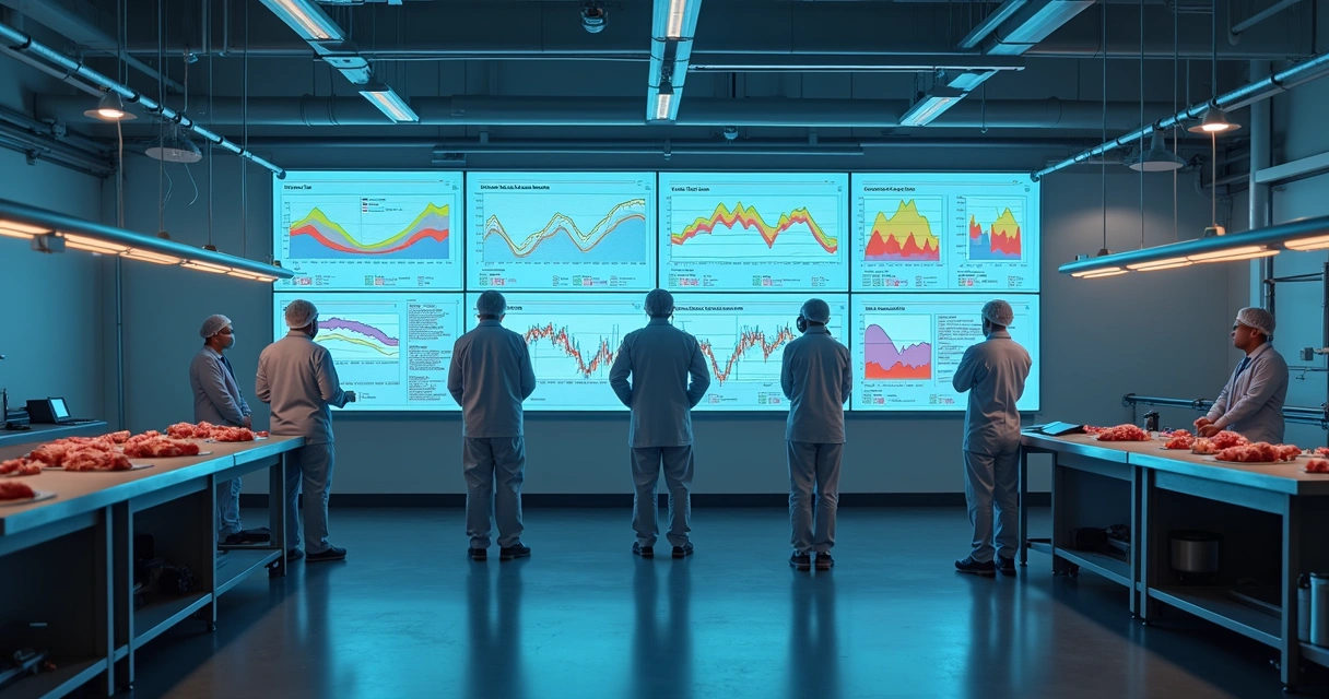 Equipe analisando dados de monitoramento em frigorífico