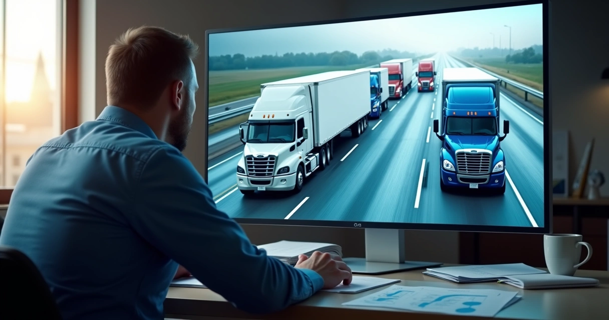 Painel de monitoramento de frota com caminhões em tela de computador 