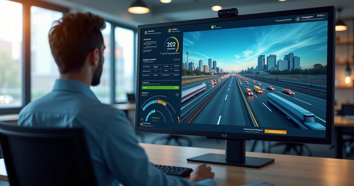 Gestor observando tela de monitoramento de frotas com notificações coloridas de ocorrências 