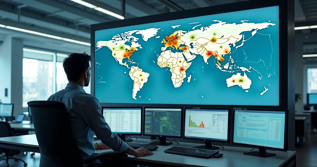 Painel digital exibindo mapa e status de máquinas de uma frota de locação
