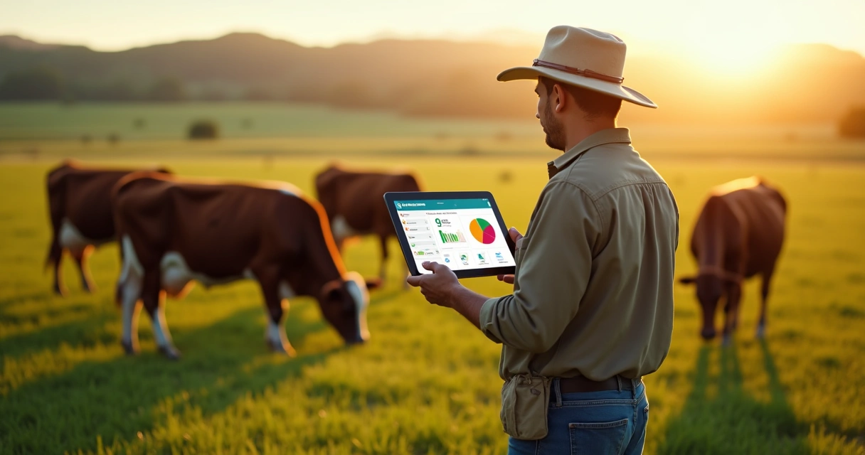 Fazendeiro segurando tablet monitorando gado em campo aberto 