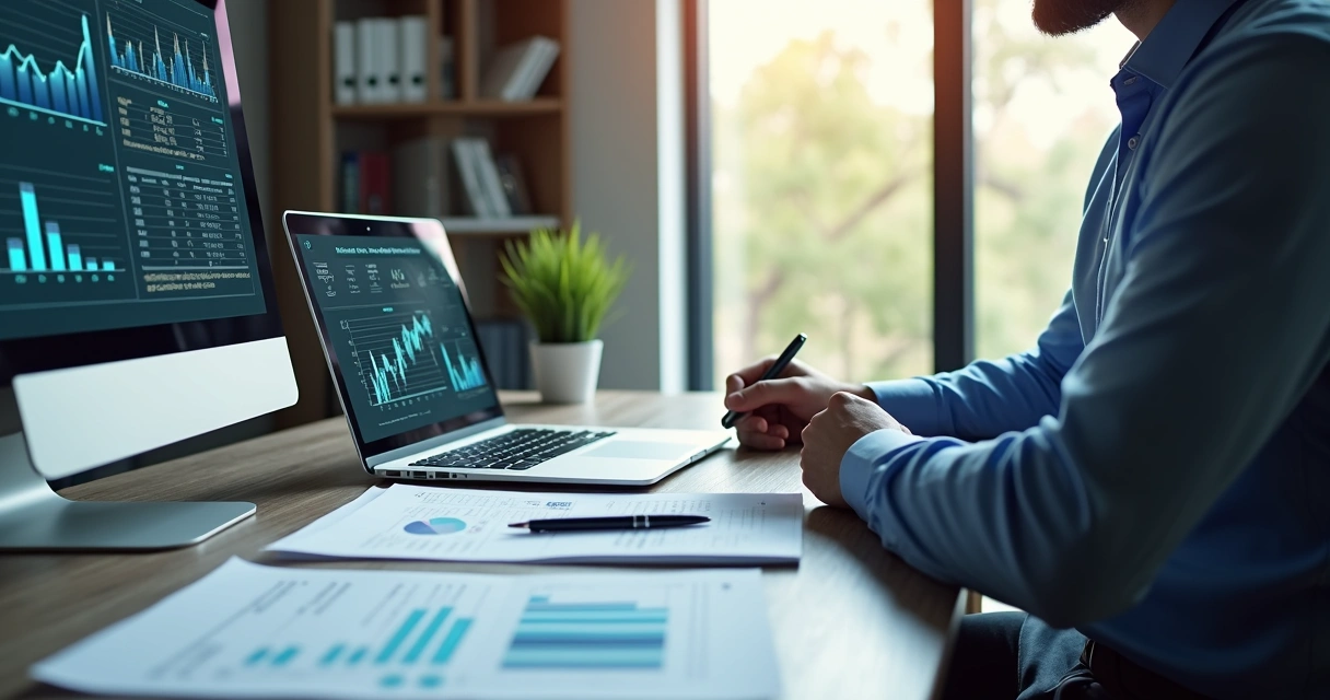 Pessoa analisando documentos financeiros e gráficos em computador para monitoramento de garantias reais 