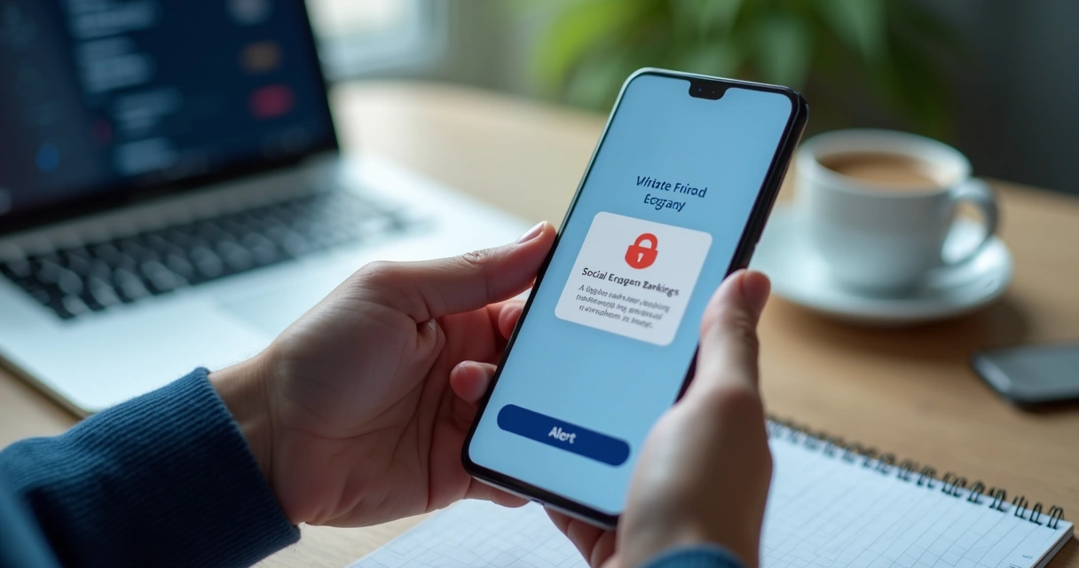 Pessoa usando smartphone com alerta de segurança enquanto interage com aplicativo de banco digital 