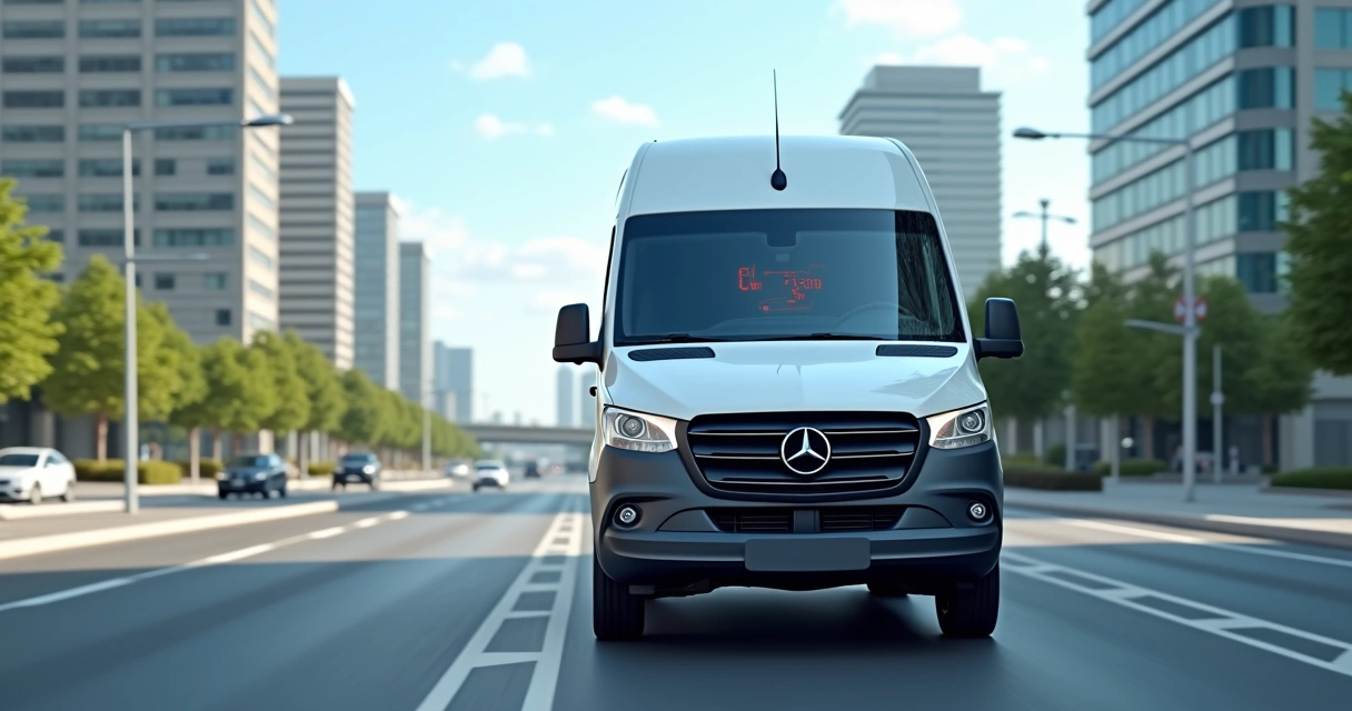 Van branca equipada com dispositivo GPS em destaque, em estrada urbana com sinalização clara e ambiente de cidade moderna ao fundo 