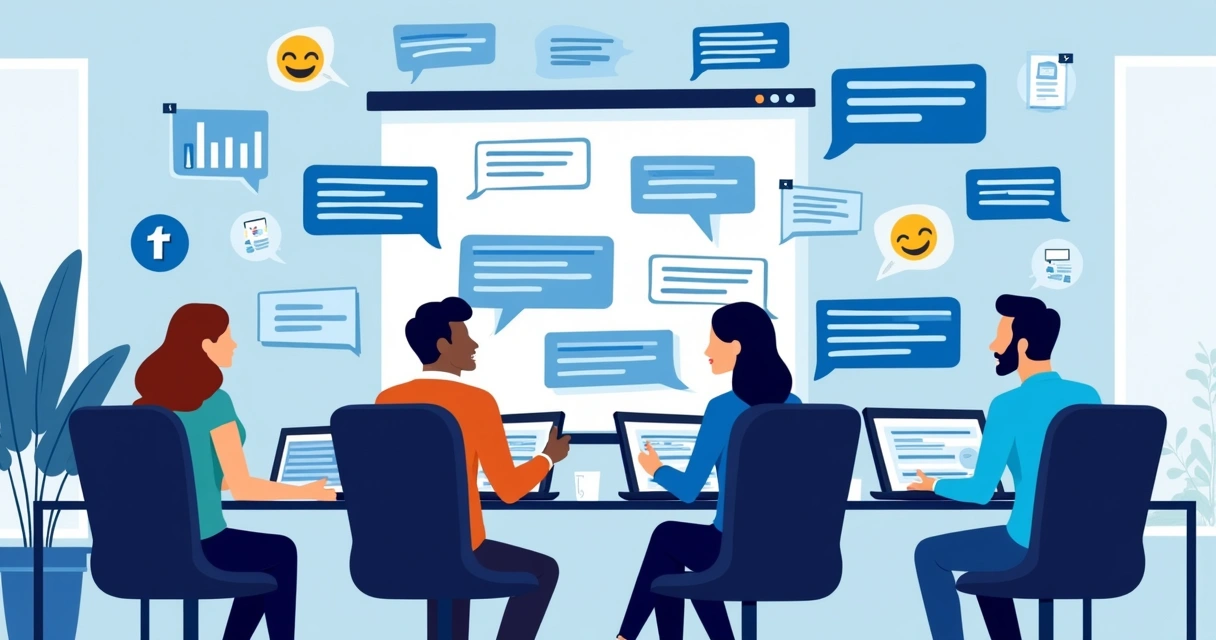 Equipe monitorando telas com conversas de aplicativo de mensagens 