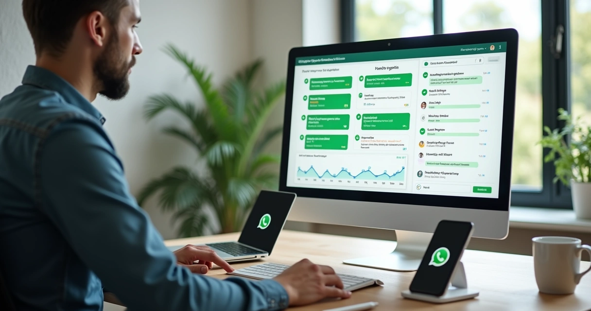 Administrador monitorando painel com grupos de WhatsApp em tela de computador 