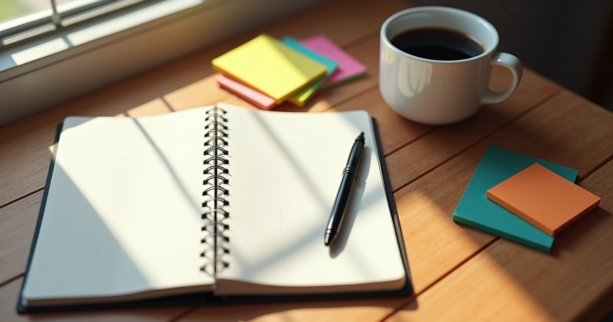 Agenda aberta ao lado de uma xícara de café, acompanhada de notas coloridas e caneta