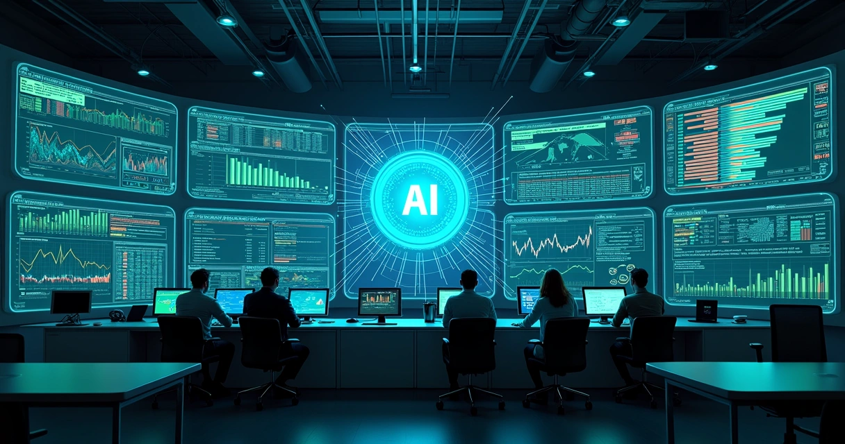 Tela com gráficos de big data, IA analisando transações em tempo real 