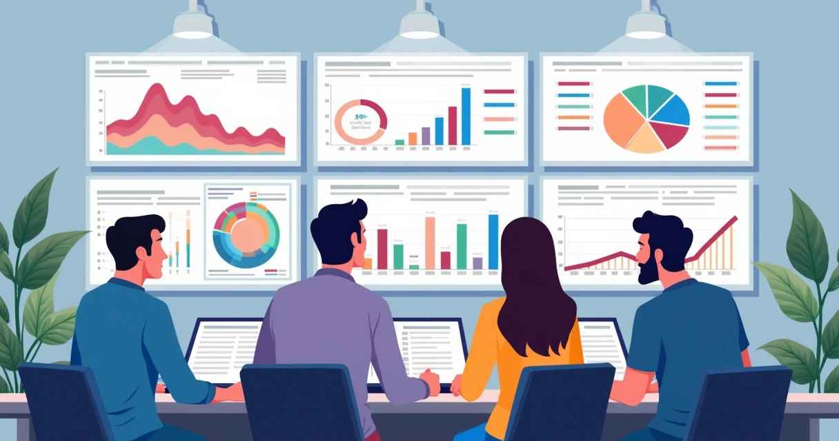 Equipe olhando gráficos coloridos de sentimento em tempo real em diversos monitores 