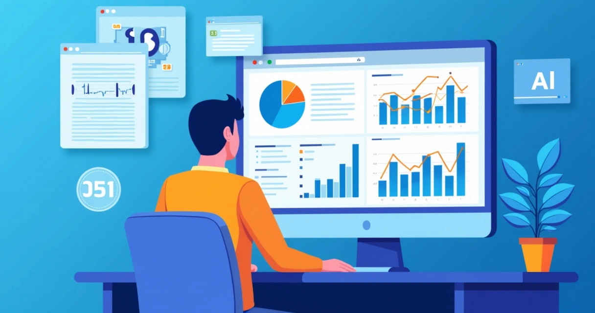 Pessoa monitorando gráficos de citações digitais e dashboards de catálogo 