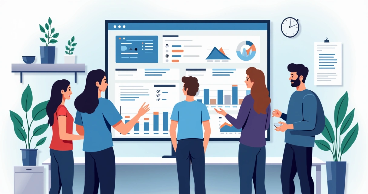 Equipe analisando painel de monitoramento de IA em e-commerce. 
