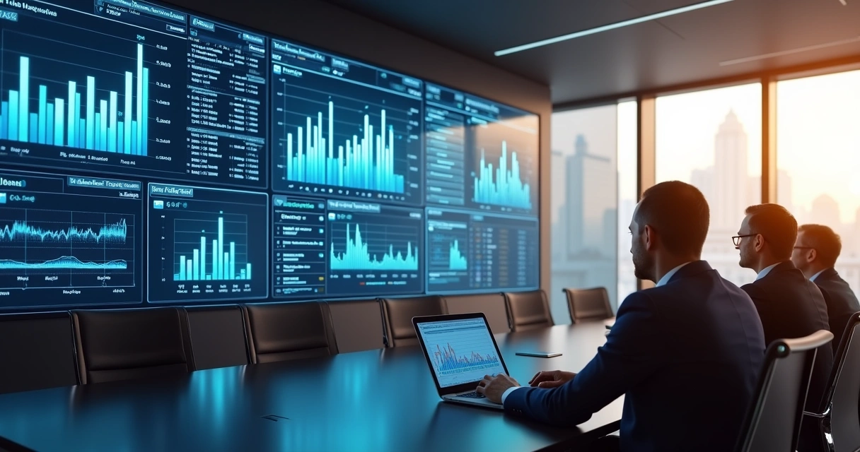 Painel digital mostra indicadores em tempo real em uma sala de reuniões 