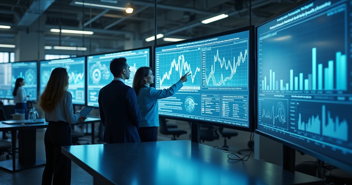 Telas digitais mostrando gráficos de manutenção e inteligência artificial 