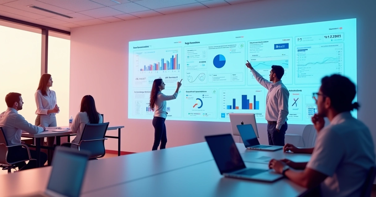 Painel digital de monitoramento de IA com equipe analisando indicadores 