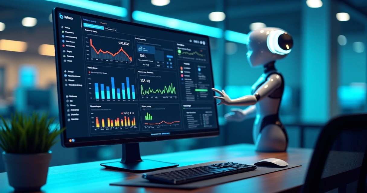 Tela de computador mostrando painel digital de monitoramento de tickets em tempo real com gráficos, alertas e assistente de IA integrado