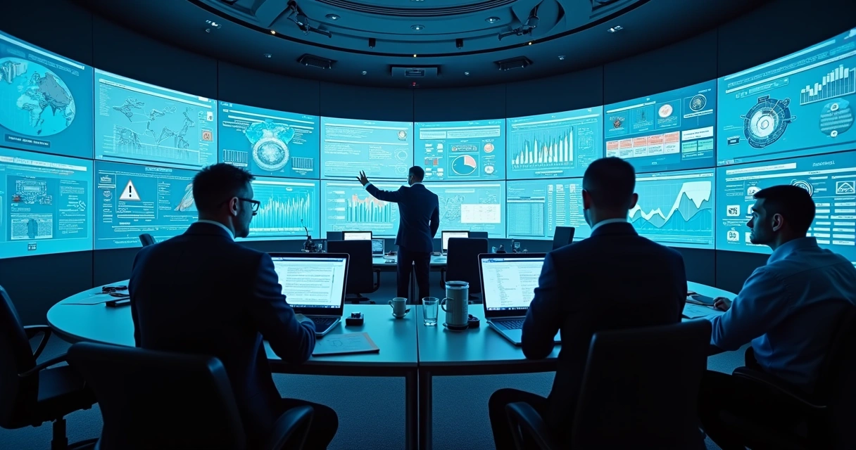 Equipe fiscal monitorando telas com gráficos de IA 