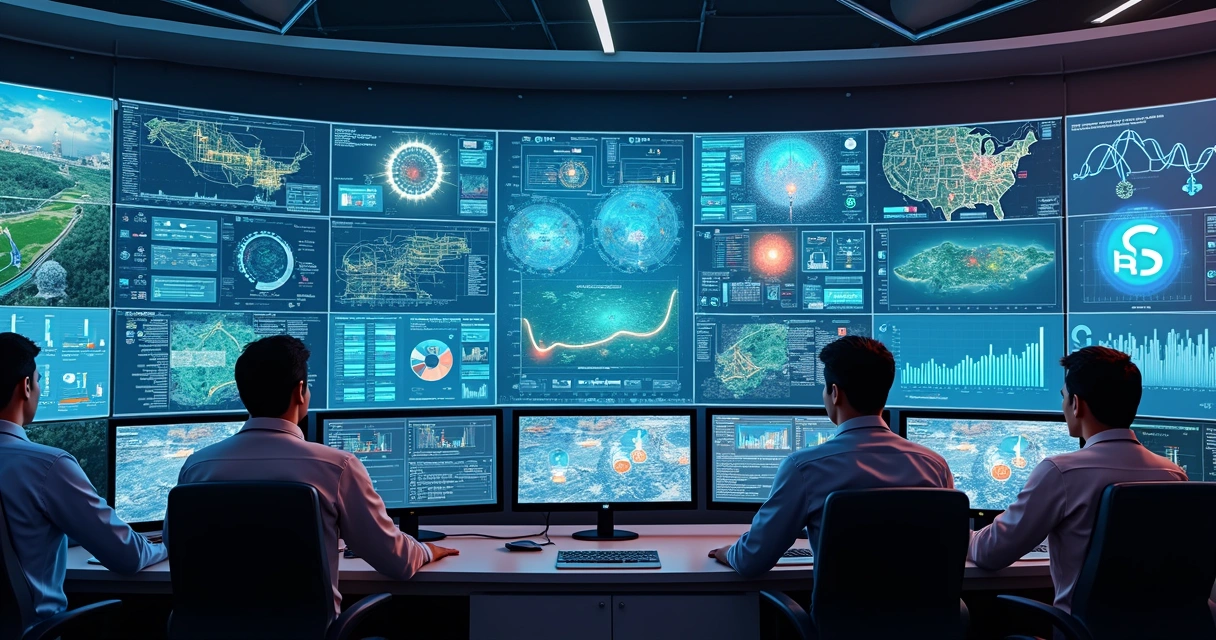 Dashboard com gráficos de energia e sensores conectados a uma planta de utilities, ilustração com cores vibrantes. 