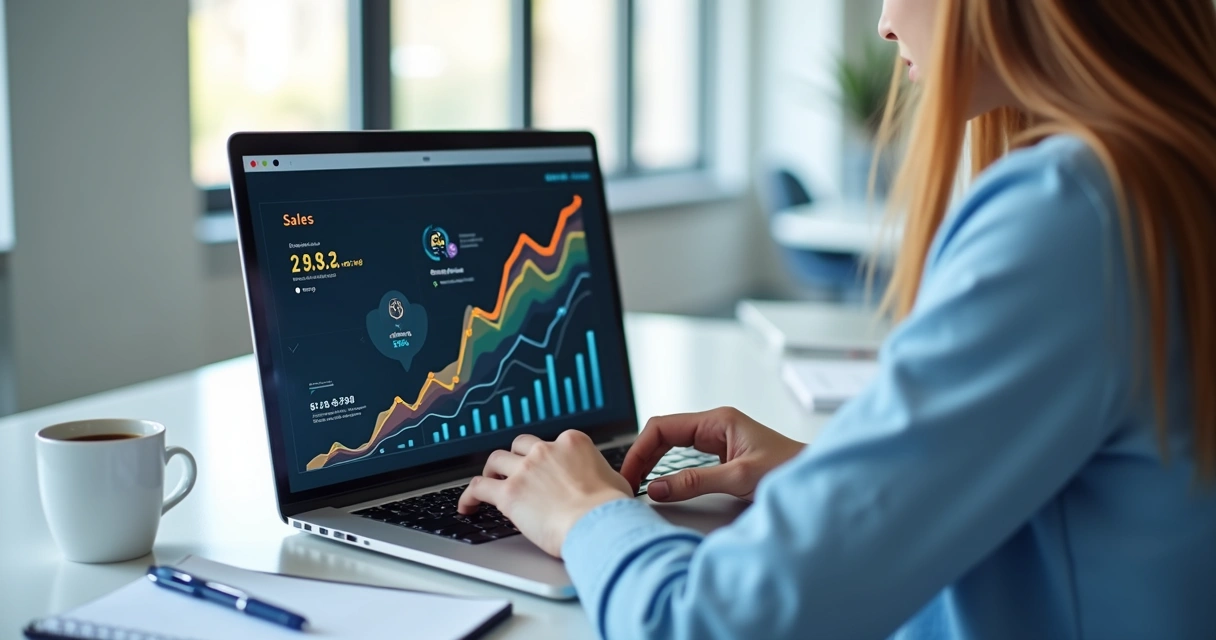 Pessoa acompanha gráfico de vendas automáticas em notebook 