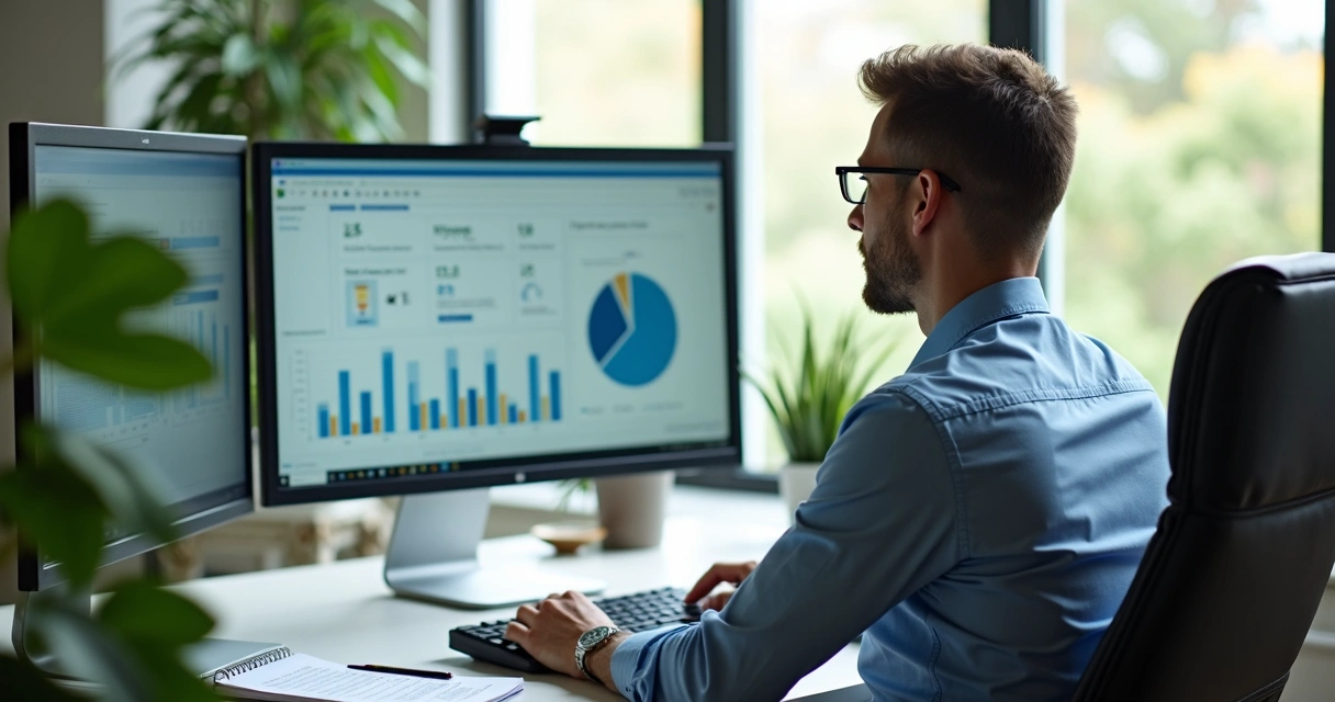 Gerente conferindo gráficos de impacto em tela de computador 