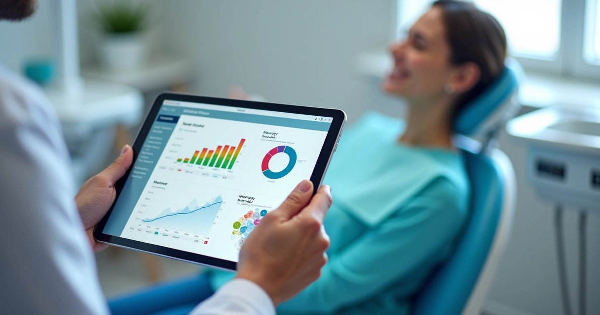 Dentista analisando painel de indicadores em tablet 