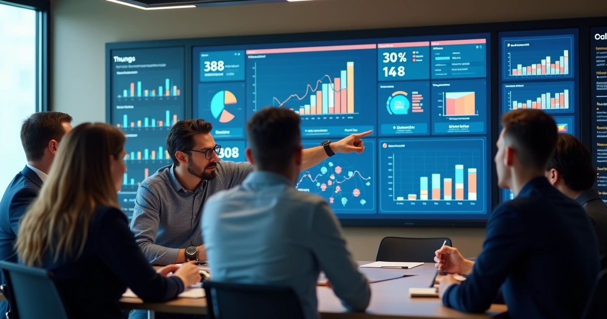 Equipe analisando indicadores em dashboard digital 